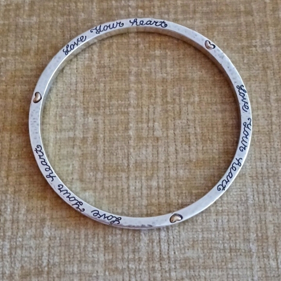 "Love Your Heart" Silver Tone Bangle Bracelet - Picture 3 of 8